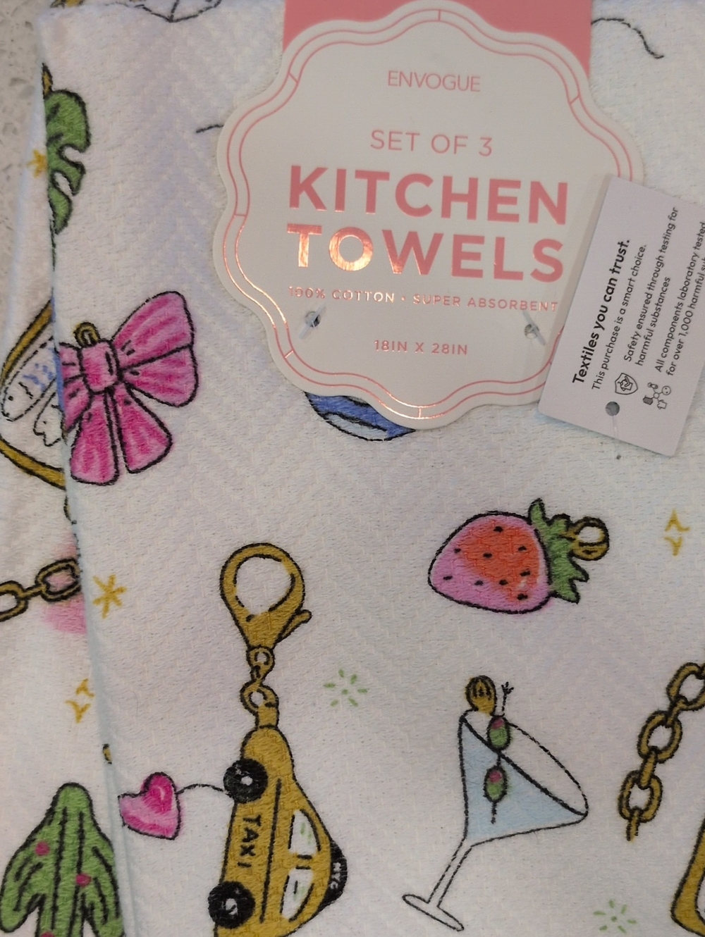 ENVOGUE Set Of 3  White Kitchen Towel Set with Pink, Yellow and Green Prints